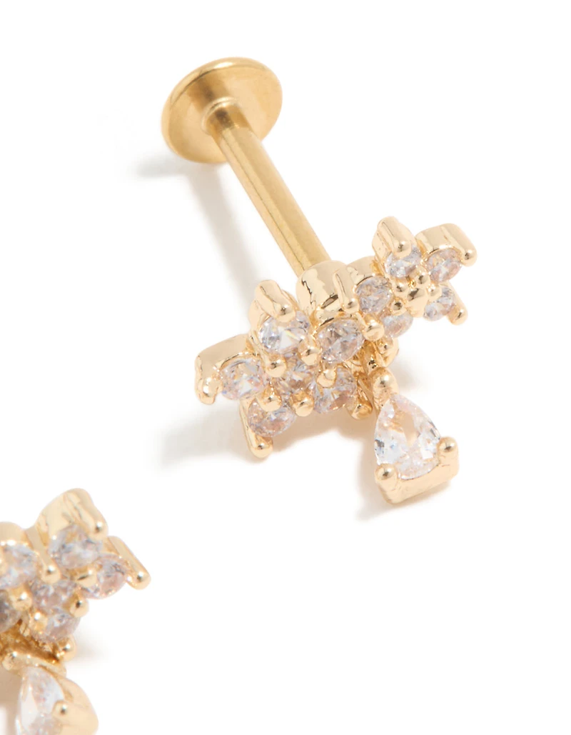 Gold Plated Surgical Steel Cubic Zirconia Flower Teardrop Flat Back Studs