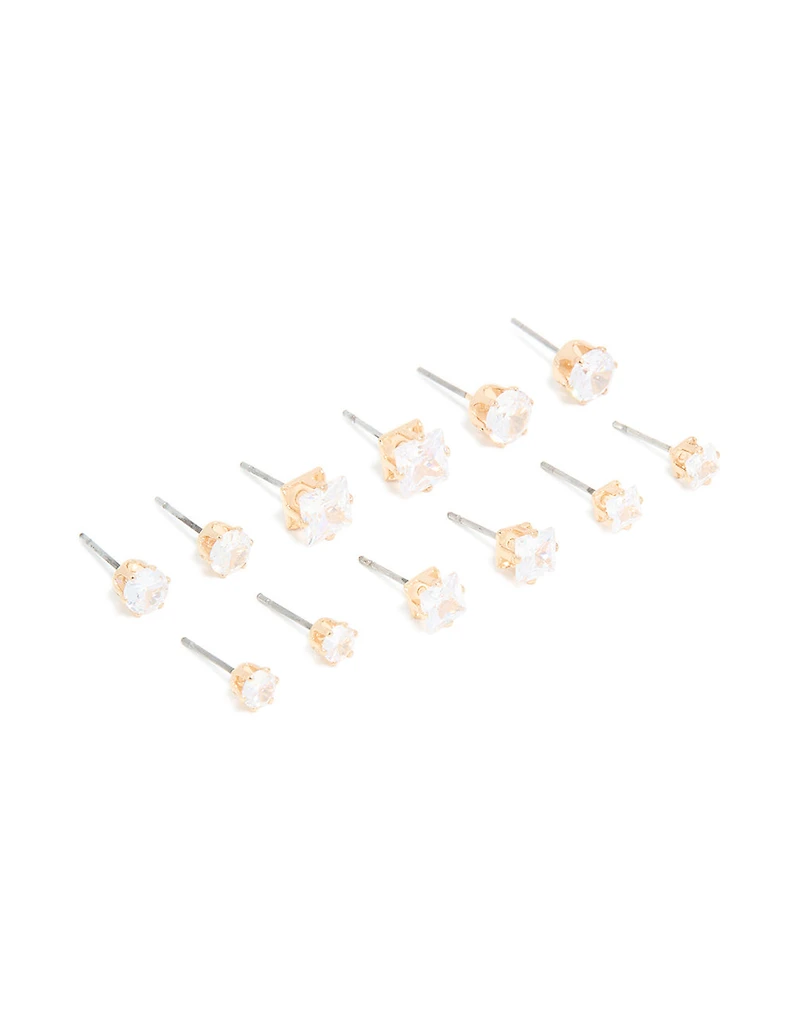 Gold Cubic Zirconia Multi-Sized Stud Earrings 6-Pack