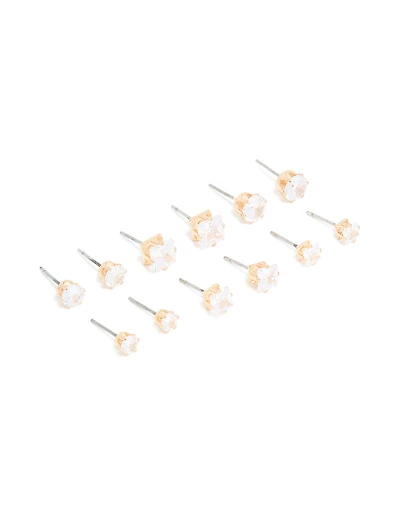 Gold Cubic Zirconia Multi-Sized Stud Earrings 6-Pack