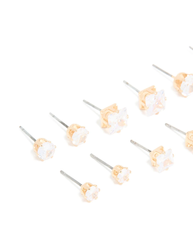 Gold Cubic Zirconia Multi-Sized Stud Earrings 6-Pack