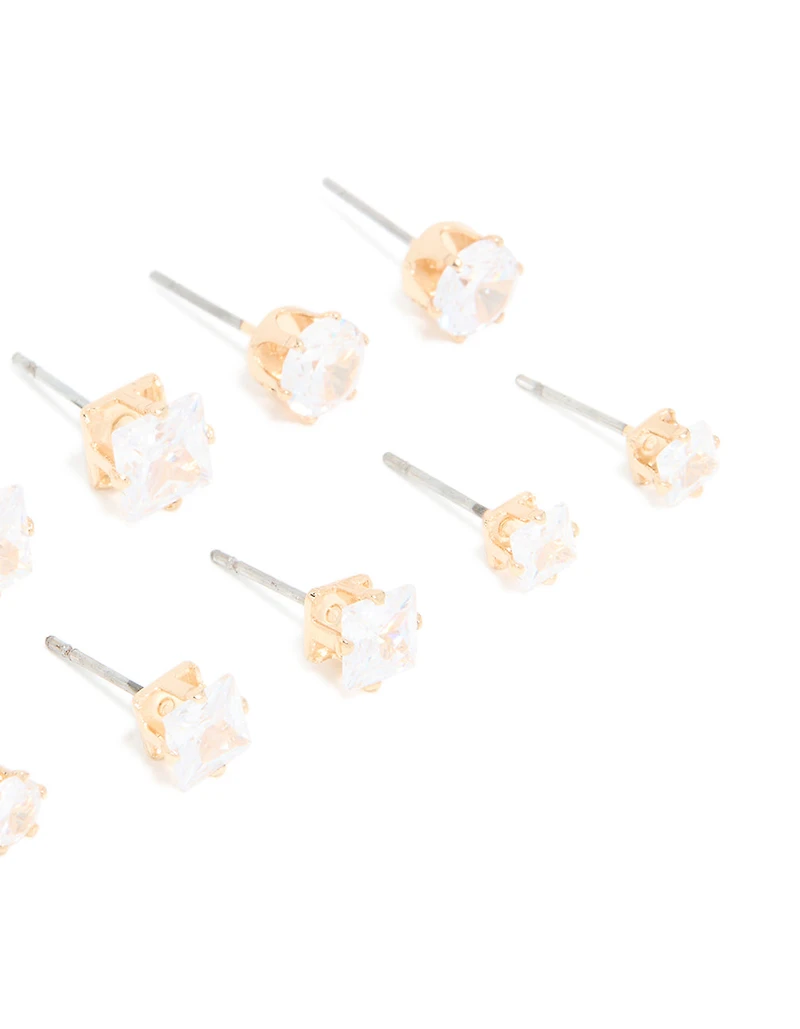 Gold Cubic Zirconia Multi-Sized Stud Earrings 6-Pack