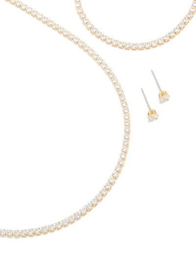 Gold Cubic Zirconia Tennis Necklace, Bracelet & Earrings Set
