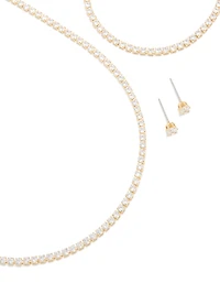 Gold Cubic Zirconia Tennis Necklace, Bracelet & Earrings Set