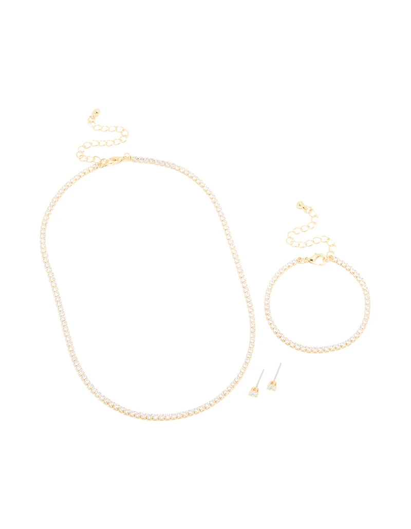 Gold Cubic Zirconia Tennis Necklace, Bracelet & Earrings Set