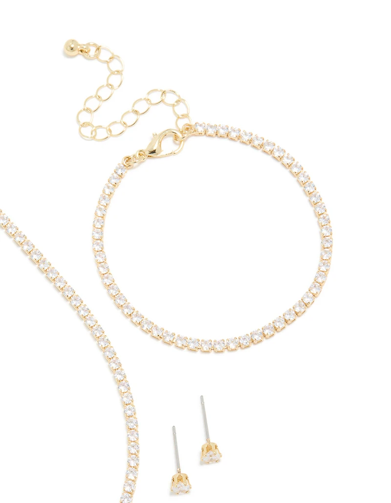 Gold Cubic Zirconia Tennis Necklace, Bracelet & Earrings Set