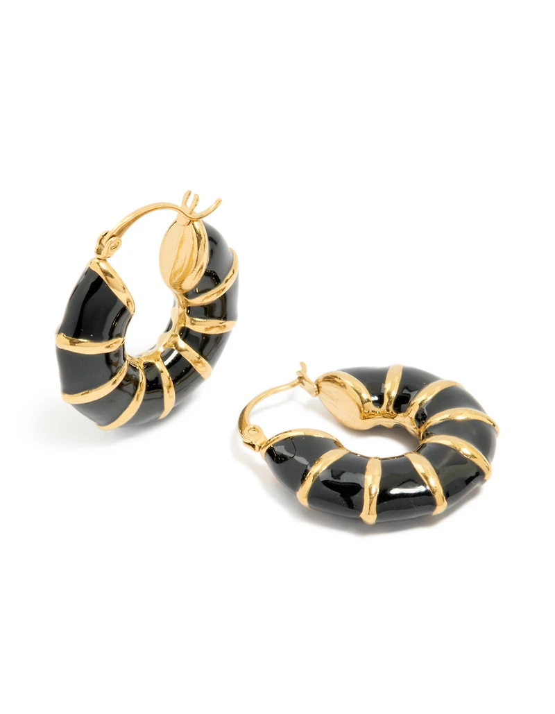 Boucles d’oreilles à cerceau en bambou émaillé noir en acier inoxydable plaqué or imperméable