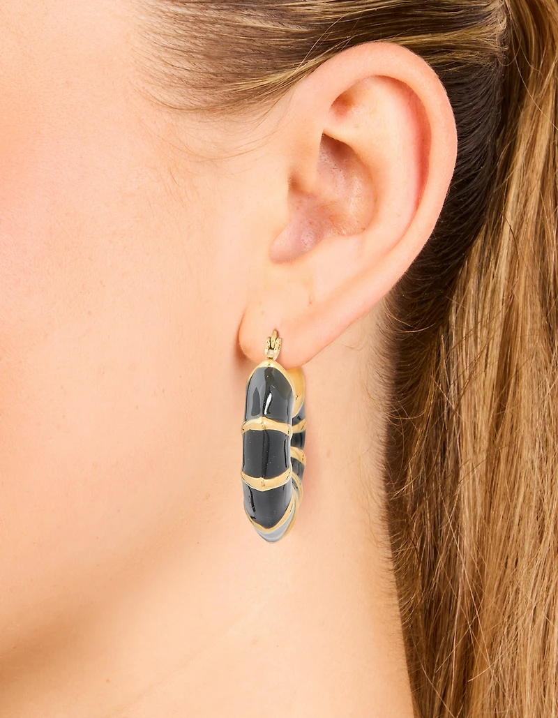 Boucles d’oreilles à cerceau en bambou émaillé noir en acier inoxydable plaqué or imperméable
