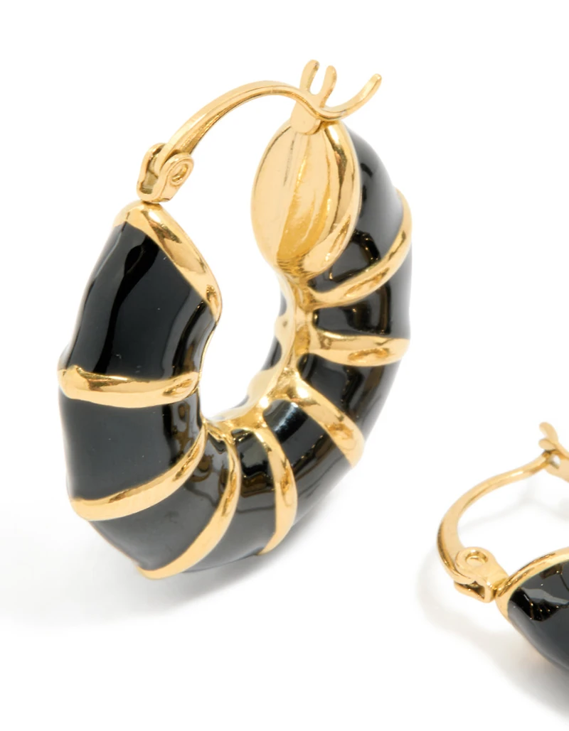 Boucles d’oreilles à cerceau en bambou émaillé noir en acier inoxydable plaqué or imperméable