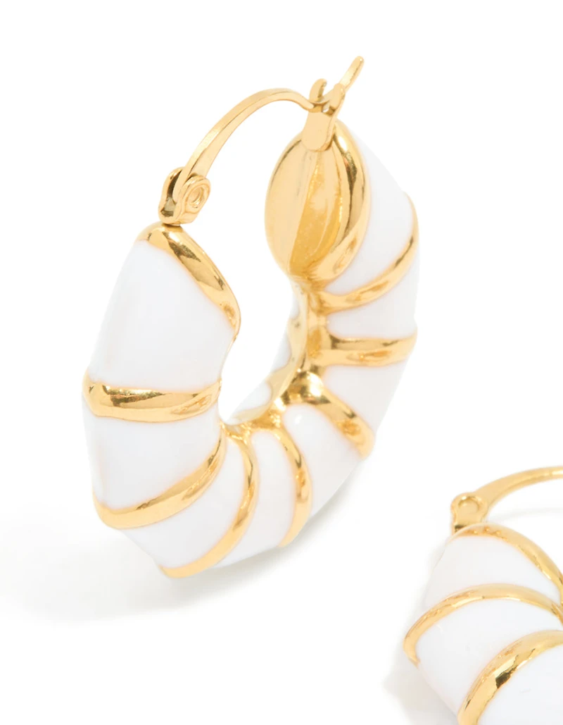 Waterproof Gold Plated Stainless Steel Bamboo White Enamel Huggie Earrings