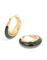 Waterproof Gold Plated Stainless Steel Black Enamel Short Hoop Earrings