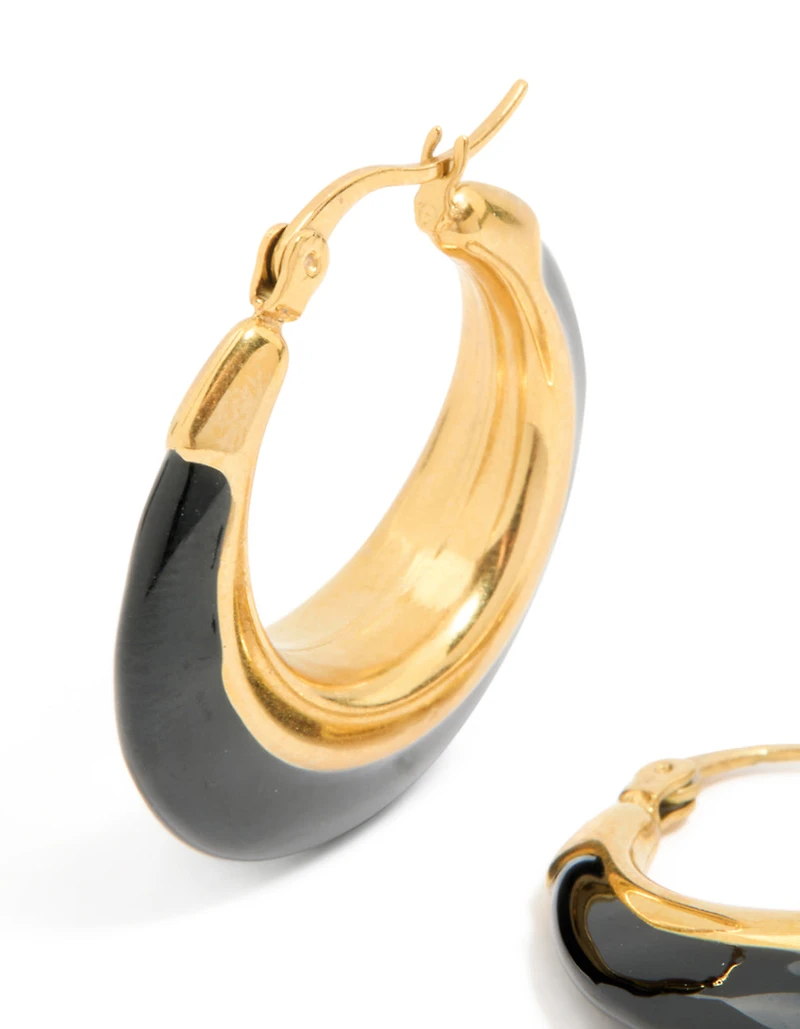 Waterproof Gold Plated Stainless Steel Black Enamel Short Hoop Earrings