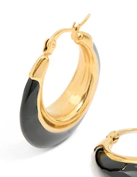 Waterproof Gold Plated Stainless Steel Black Enamel Short Hoop Earrings