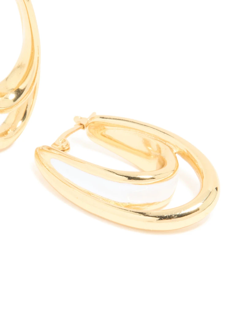 Waterproof Gold Plated Stainless Steel White Enamel Double Illusion Hoop Earrings