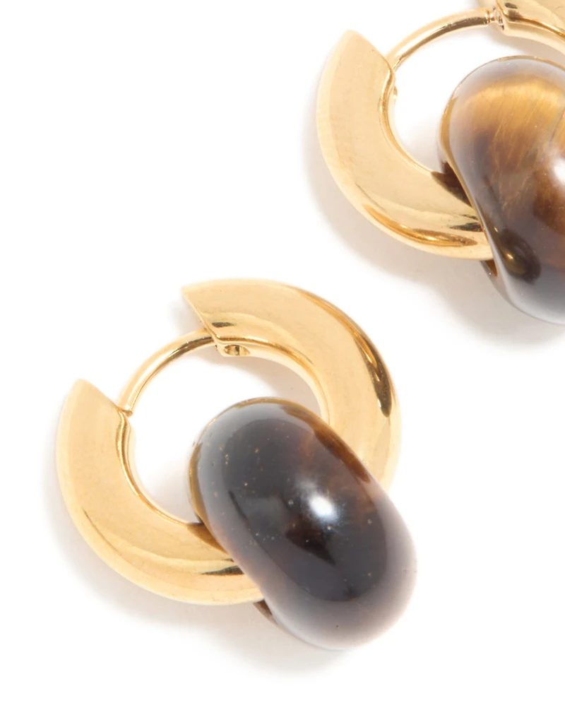 Waterproof Gold Plated Stainless Steel Tiger's Eye Semi Precious Stone Dainty Huggie Earrings