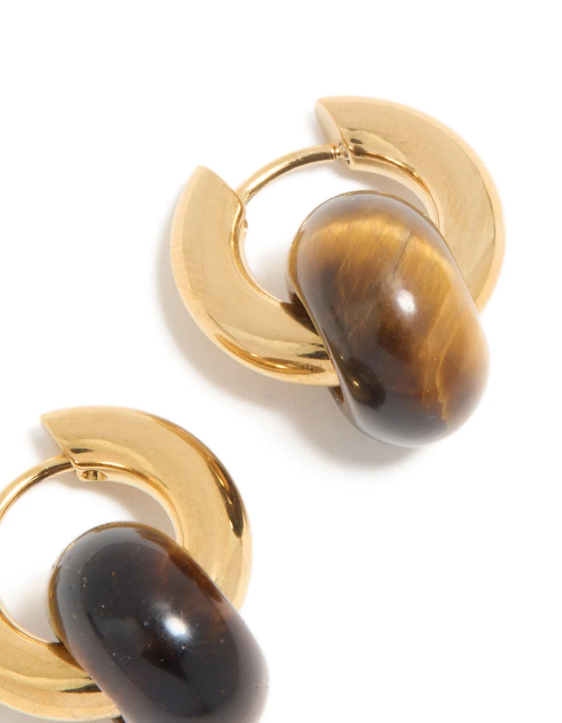 Waterproof Gold Plated Stainless Steel Tiger's Eye Semi Precious Stone Dainty Huggie Earrings