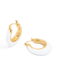Waterproof Gold Plated Stainless Steel White Enamel Long Hoop Earrings