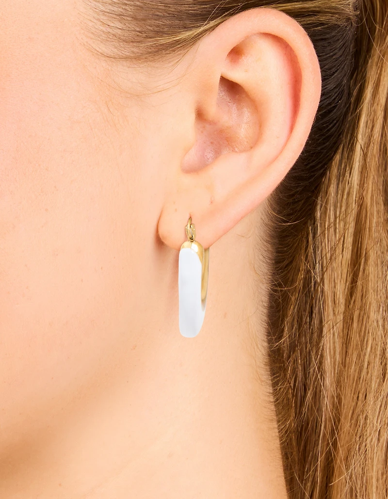 Waterproof Gold Plated Stainless Steel White Enamel Long Hoop Earrings