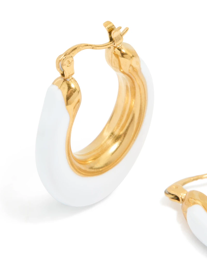 Waterproof Gold Plated Stainless Steel White Enamel Long Hoop Earrings