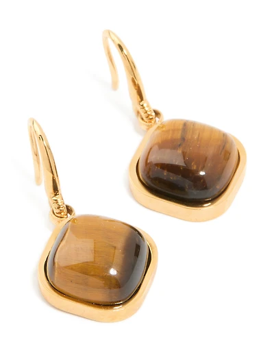 Waterproof Gold Plated Stainless Steel Tiger's Eye Semi Precious Stone Earrings