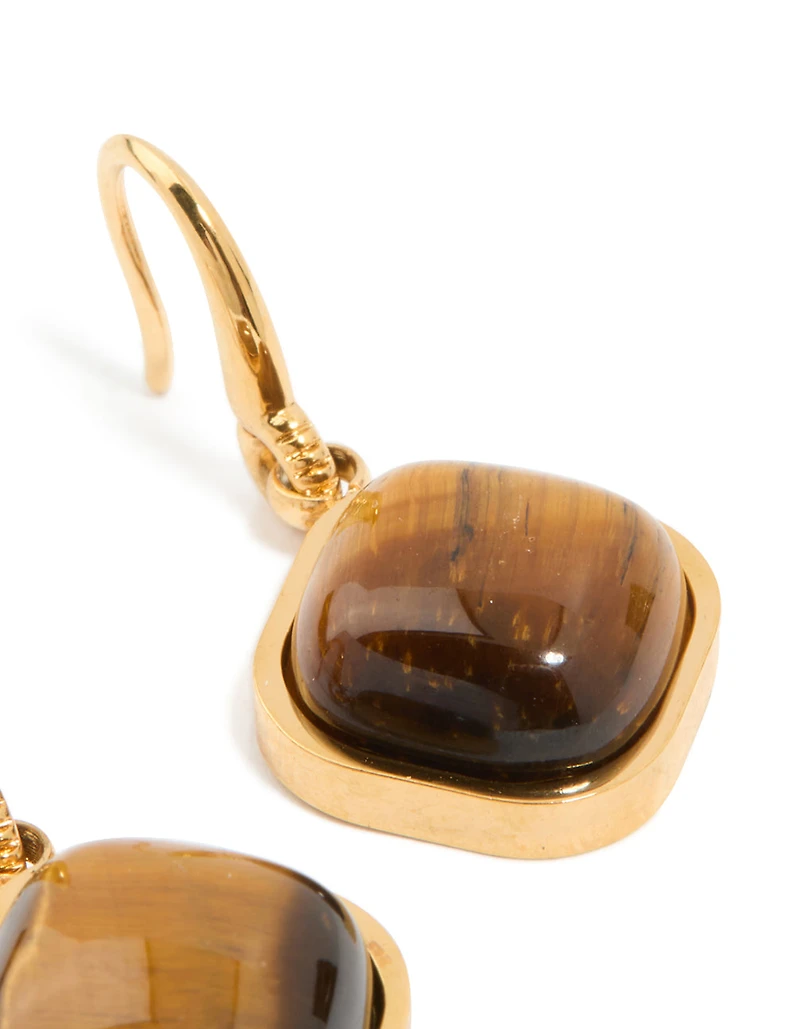 Waterproof Gold Plated Stainless Steel Tiger's Eye Semi Precious Stone Earrings