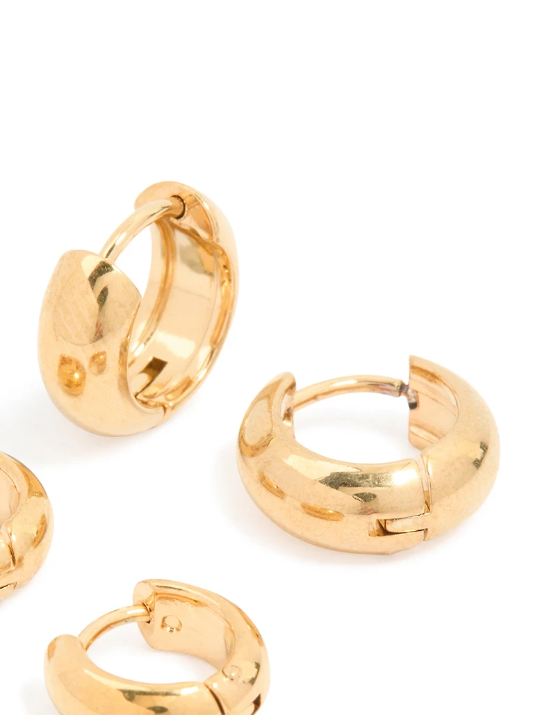 Waterproof Gold Plated Stainless Steel Small Chubby Huggie Earrings 2 Pack