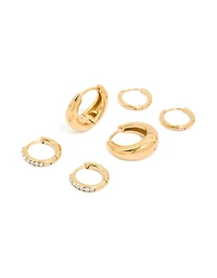 Waterproof Gold Plated Stainless Steel Cubic Zirconia Mix Huggie Earrings 3-Pack