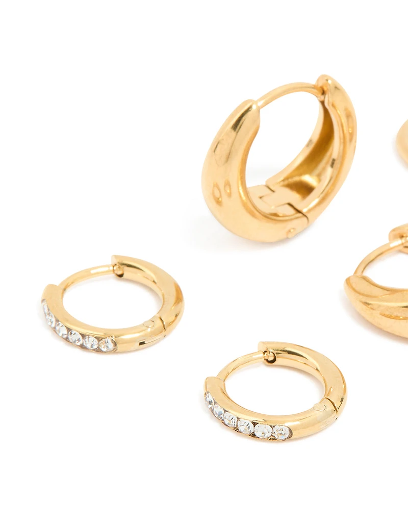 Waterproof Gold Plated Stainless Steel Cubic Zirconia Mix Huggie Earrings 3-Pack