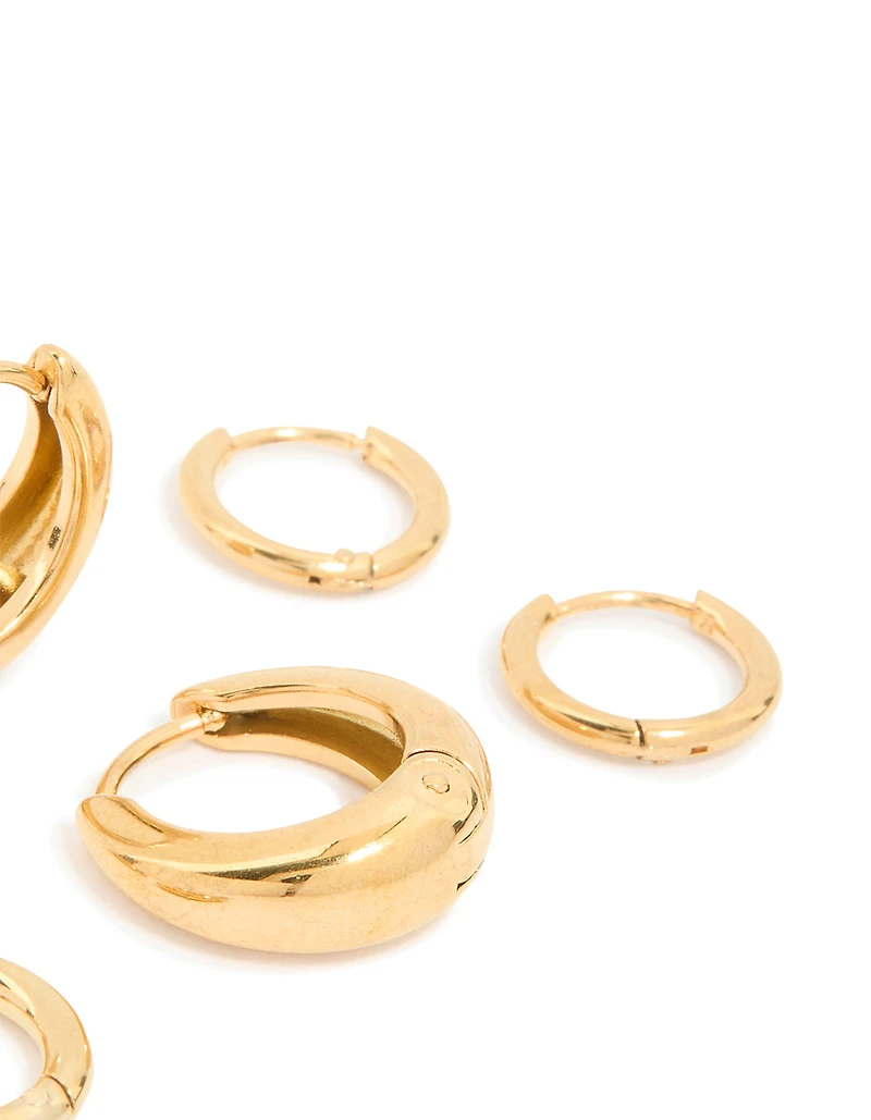 Waterproof Gold Plated Stainless Steel Cubic Zirconia Mix Huggie Earrings 3-Pack