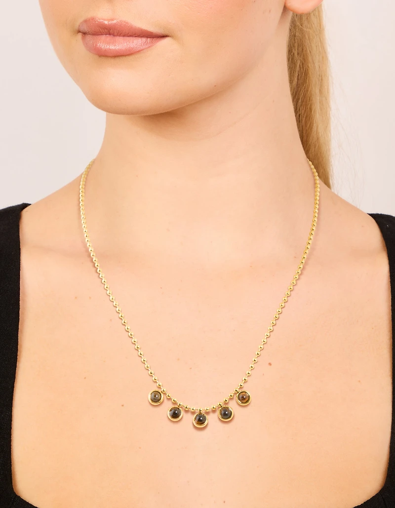 Waterproof Gold Plated Stainless Steel Bezel Tiger's Eye Semi Precious Stone Necklace