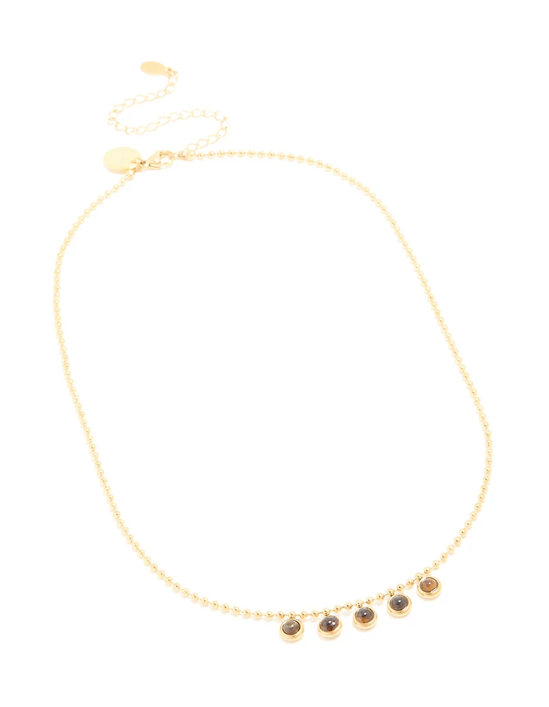 Waterproof Gold Plated Stainless Steel Bezel Tiger's Eye Semi Precious Stone Necklace