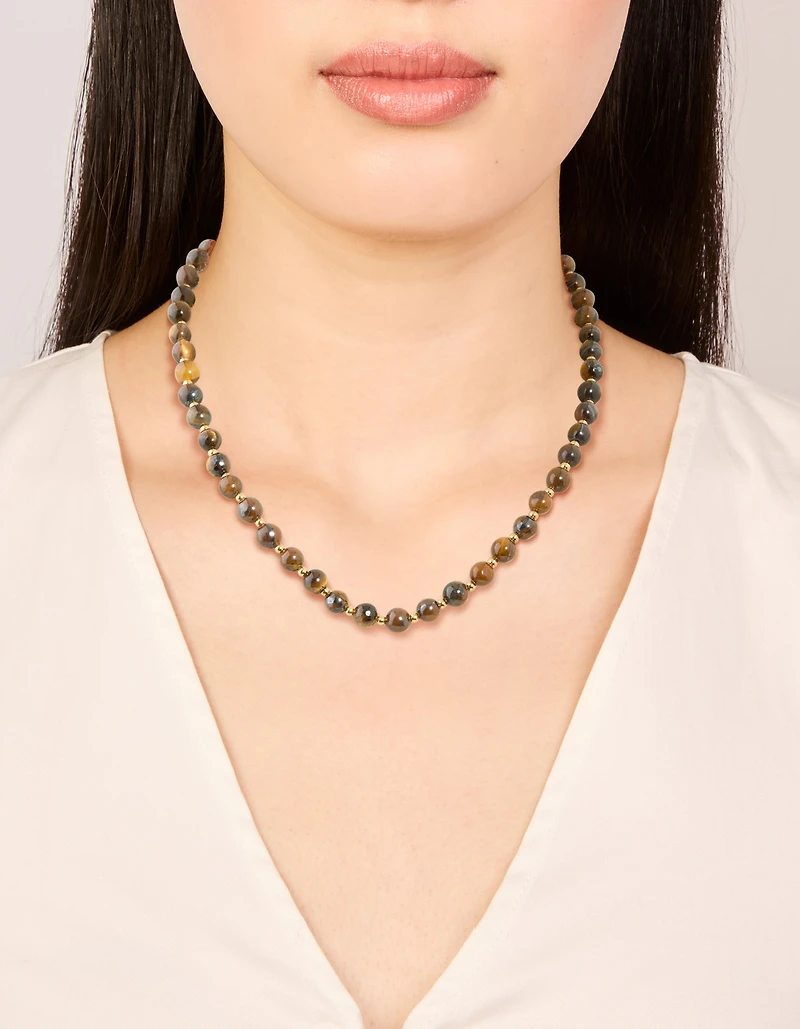 Waterproof Gold Plated Stainless Steel Tigers Eye Semi Precious Stone Beaded Short Necklace