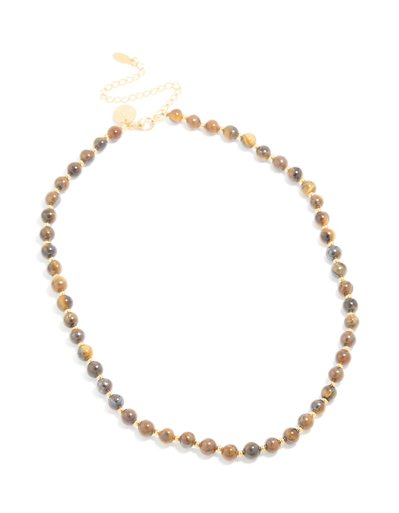 Waterproof Gold Plated Stainless Steel Tigers Eye Semi Precious Stone Beaded Short Necklace