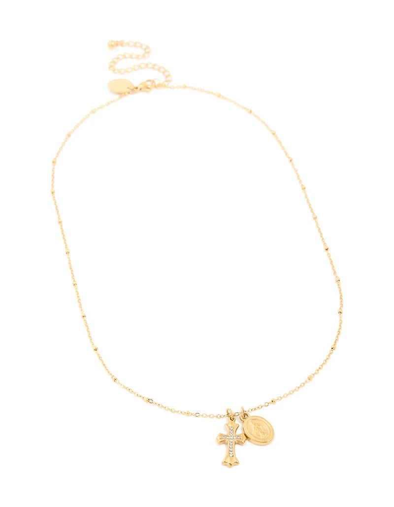Waterproof Gold Plated Stainless Steel Mary & Cross Necklace
