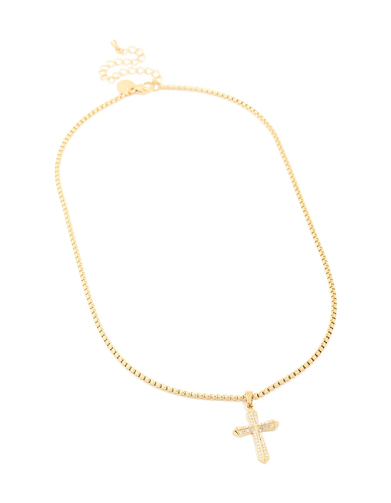 Waterproof Gold Plated Stainless Steel Cubic Zirconia Pavé Cross Necklace