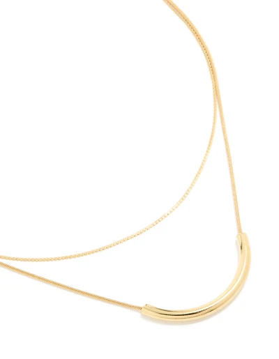 Waterproof Gold Plated Stainless Steel Curved Bar & Chain Layered Necklace