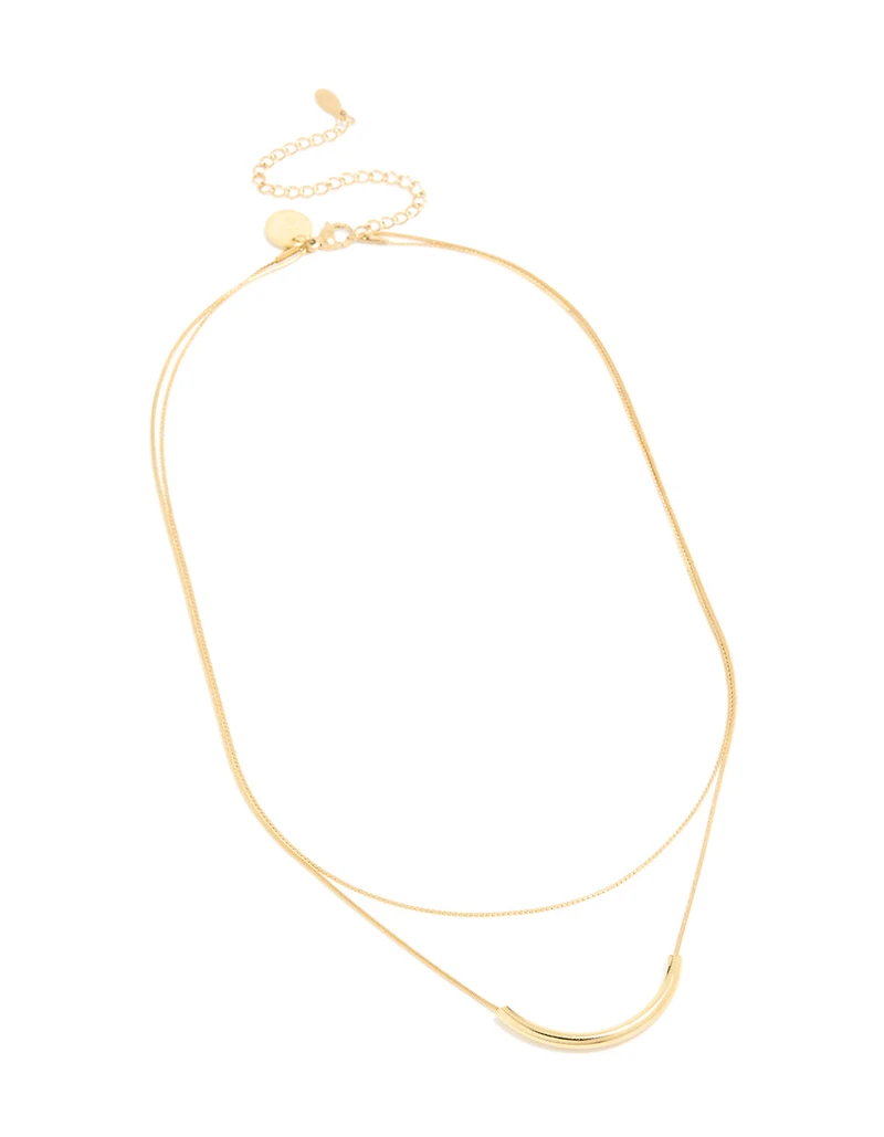 Waterproof Gold Plated Stainless Steel Curved Bar & Chain Layered Necklace