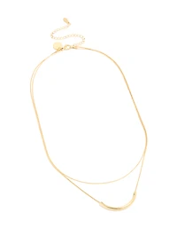 Waterproof Gold Plated Stainless Steel Curved Bar & Chain Layered Necklace