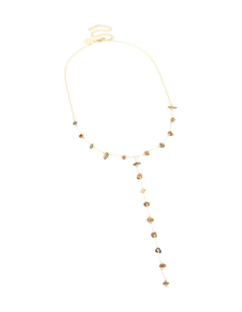 Waterproof Gold Plated Stainless Steel Tigers Eye Semi Precious Stone Y-Necklace