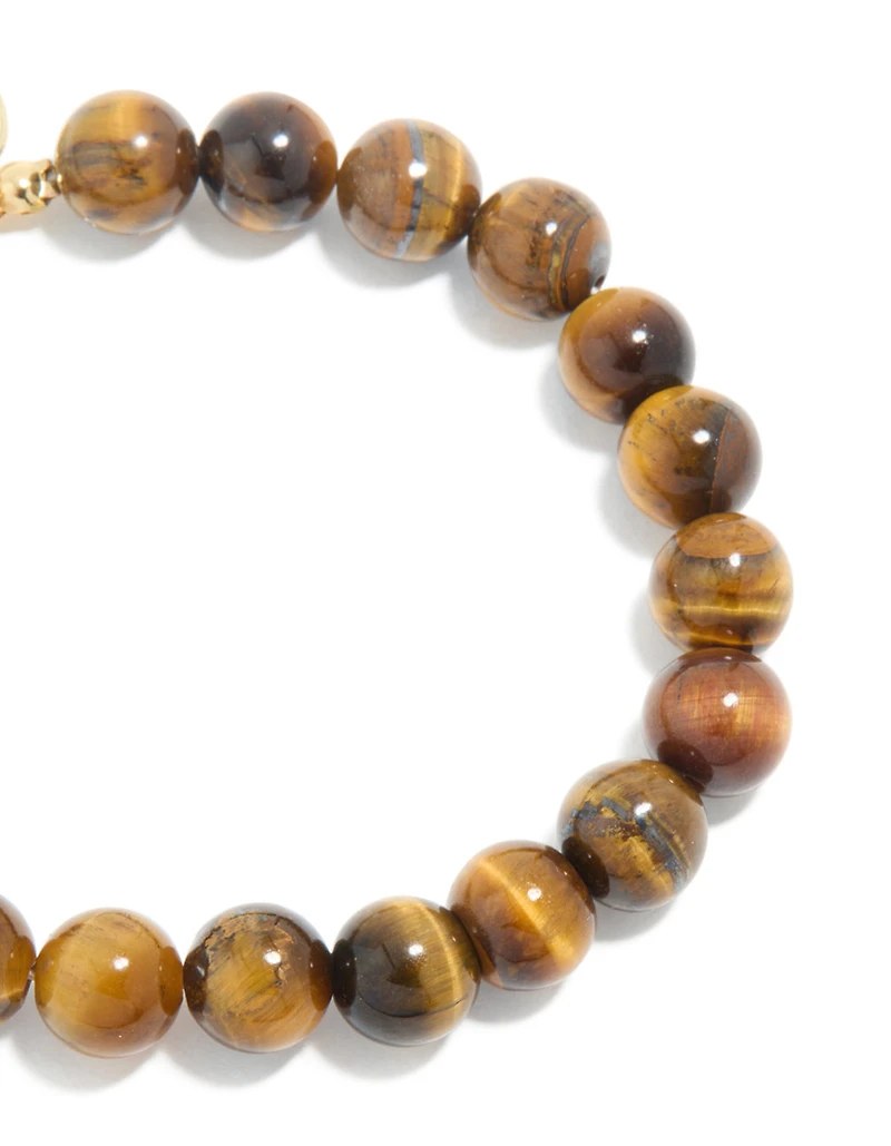 Waterproof Gold Plated Stainless Steel Tigers Eye Semi Precious Stone Beaded Bracelet