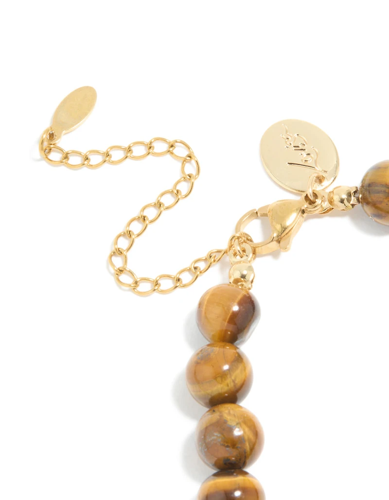 Waterproof Gold Plated Stainless Steel Tigers Eye Semi Precious Stone Beaded Bracelet