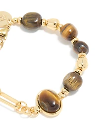 Waterproof Gold Plated Stainless Steel Bead & Tigers Eye Semi Precious Stone Beads Bracelet