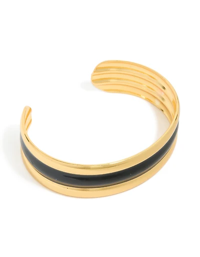 Waterproof Gold Plated Stainless Steel Black Enamel Inlay Wrist Cuff