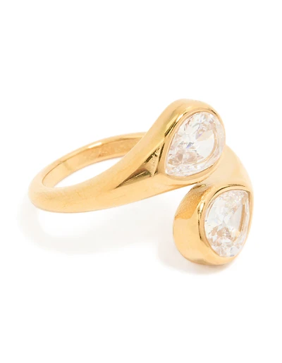 Waterproof Gold Plated Stainless Steel Cubic Zirconia Double Bezel Single Ring