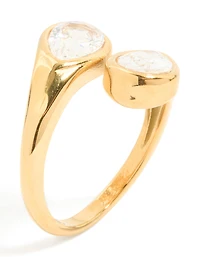 Waterproof Gold Plated Stainless Steel Cubic Zirconia Double Bezel Single Ring