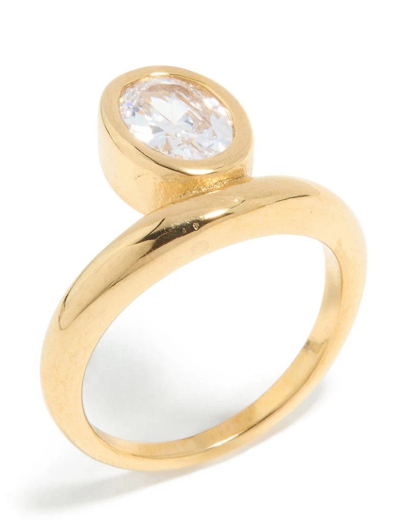 Waterproof Gold Plated Stainless Steel Cubic Zirconia Oval Bezel Ring