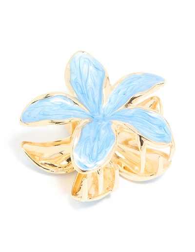 Gold Light Blue Enamel Frangipani Flower Claw Clip