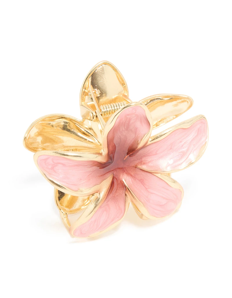 Pince à griffes de fleurs Frangipani en émail rose poussiéreux doré