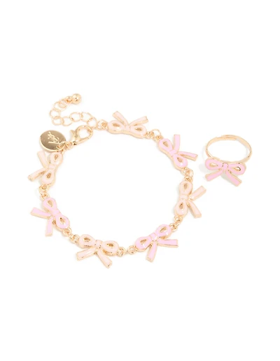 Kids Gold Bow Charms Bracelet & Bow Ring Set