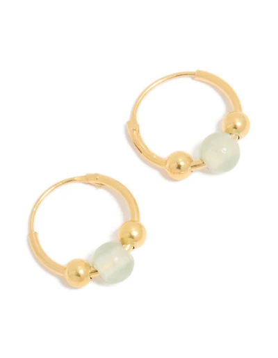 Gold Plated Sterling Silver Green Semi-Precious Stone Hoop Earrings