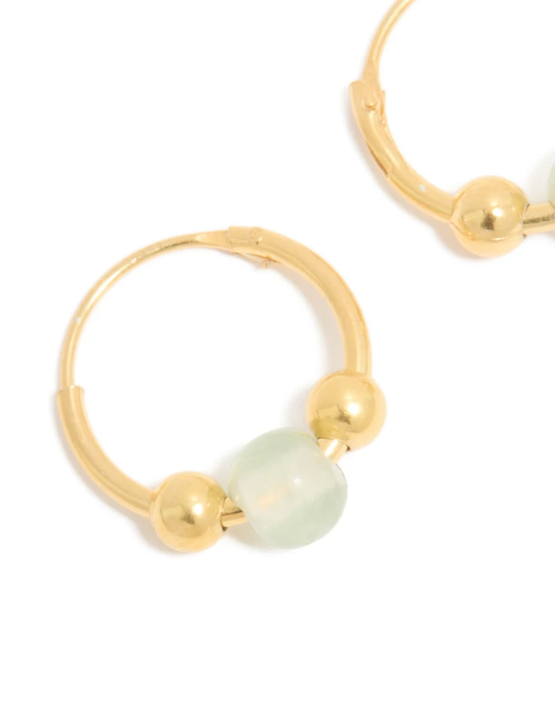 Gold Plated Sterling Silver Green Semi-Precious Stone Hoop Earrings